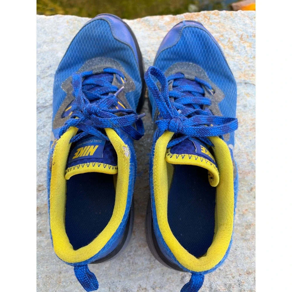Nike Dual Fusion Trail Blue Yellow Kids Running Shoes 777340-400 Size 7Y
